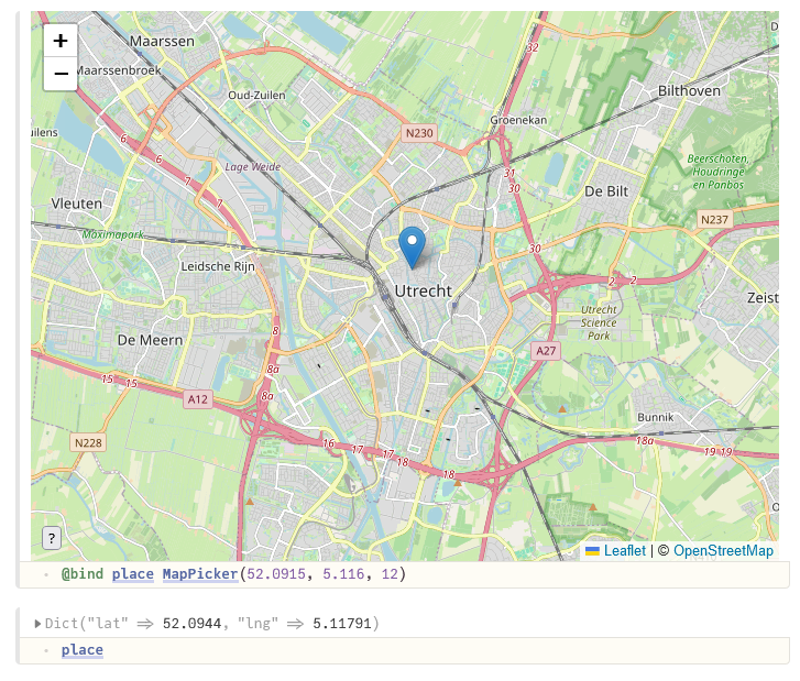 screenshot of a pluto notebook showing a cell with "@bind place MapPicker(52.0915, 5.116, 12)". The output of the cell is a map with a marker on it. Another cell shows the value of "place", which contains the coordinates of the marker.