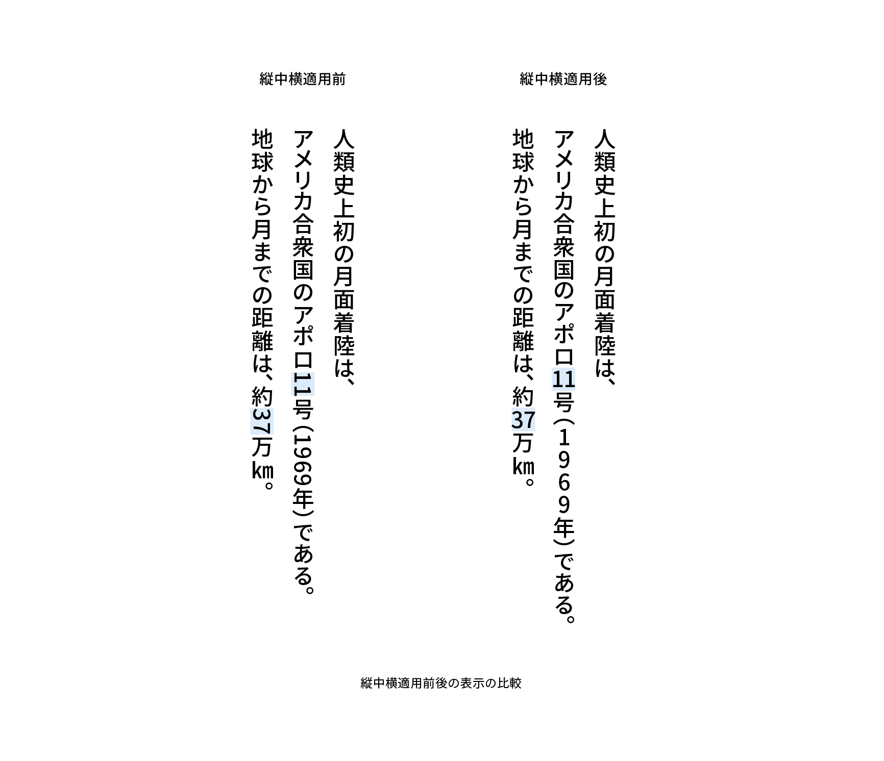 縦中横適用前後の表示の比較