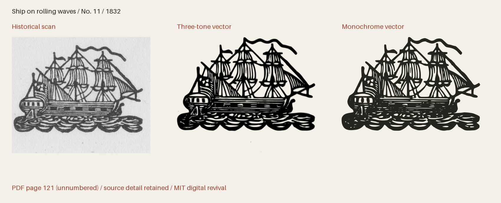 Historical scan beside the three-tone and monochrome vector revivals
