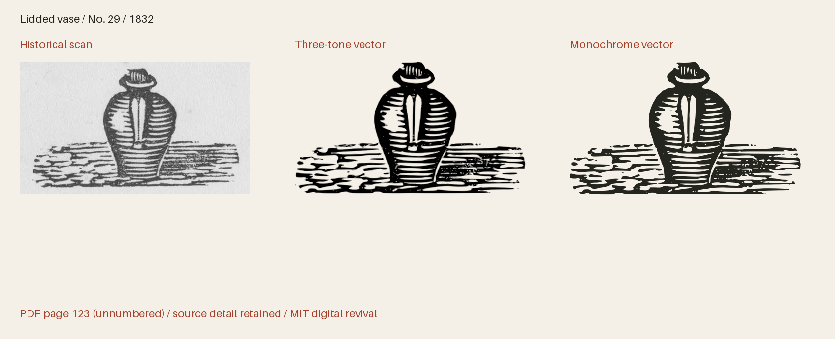 Historical scan beside the three-tone and monochrome vector revivals