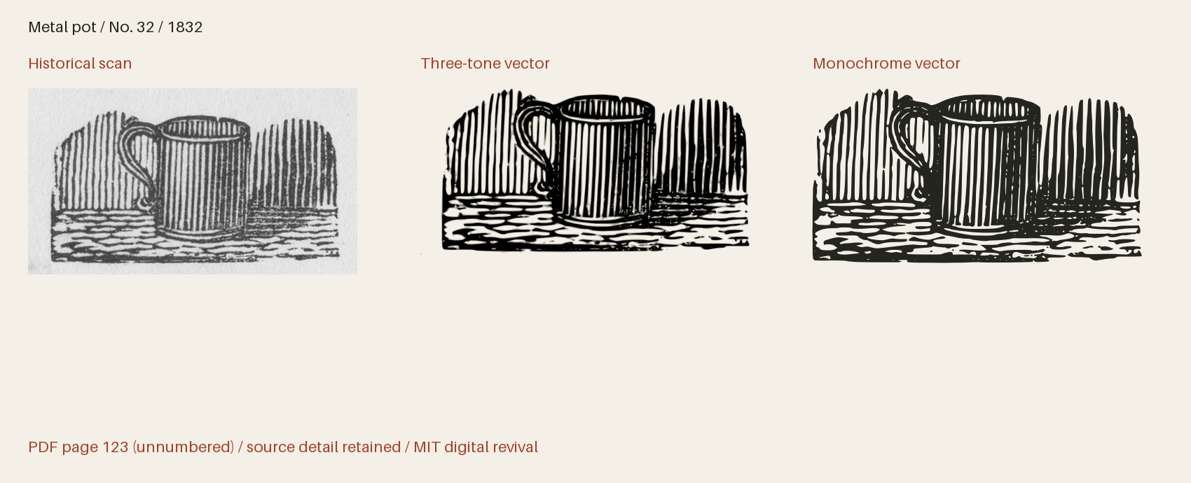 Historical scan beside the three-tone and monochrome vector revivals