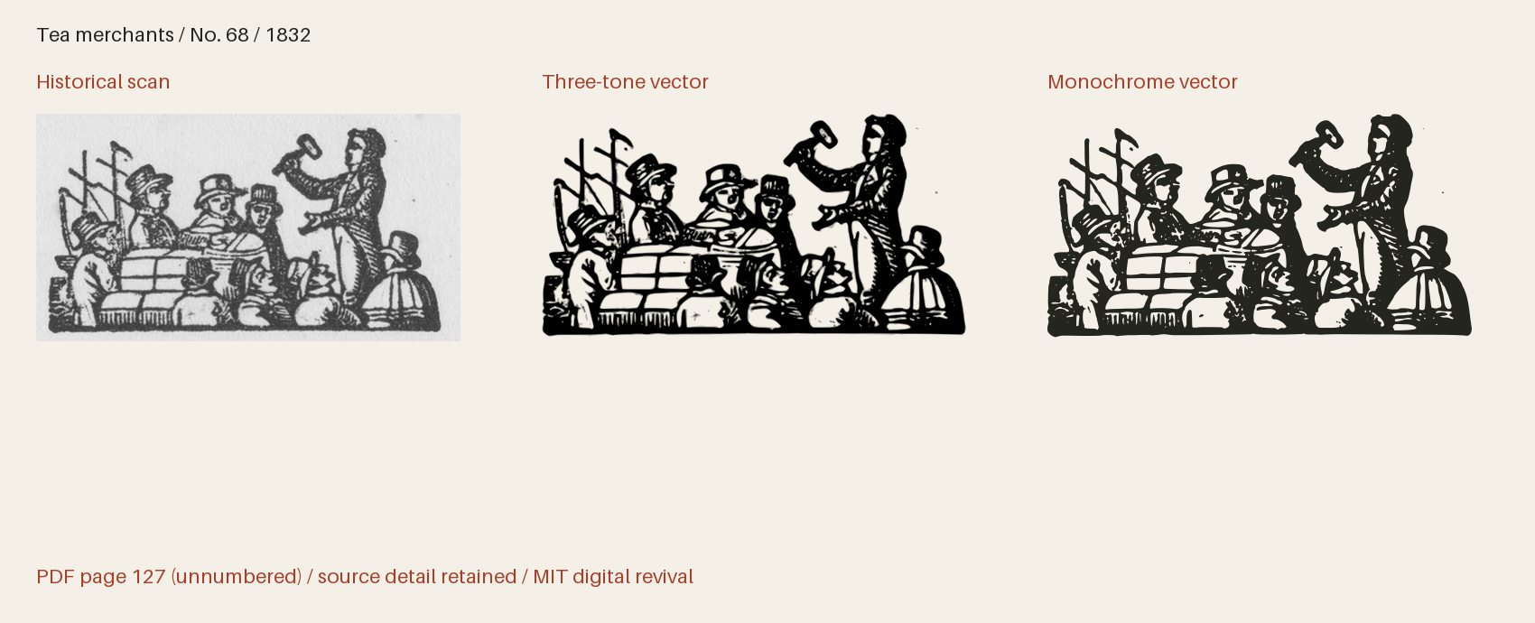 Historical scan beside the three-tone and monochrome vector revivals