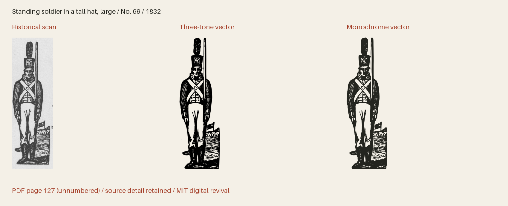 Historical scan beside the three-tone and monochrome vector revivals