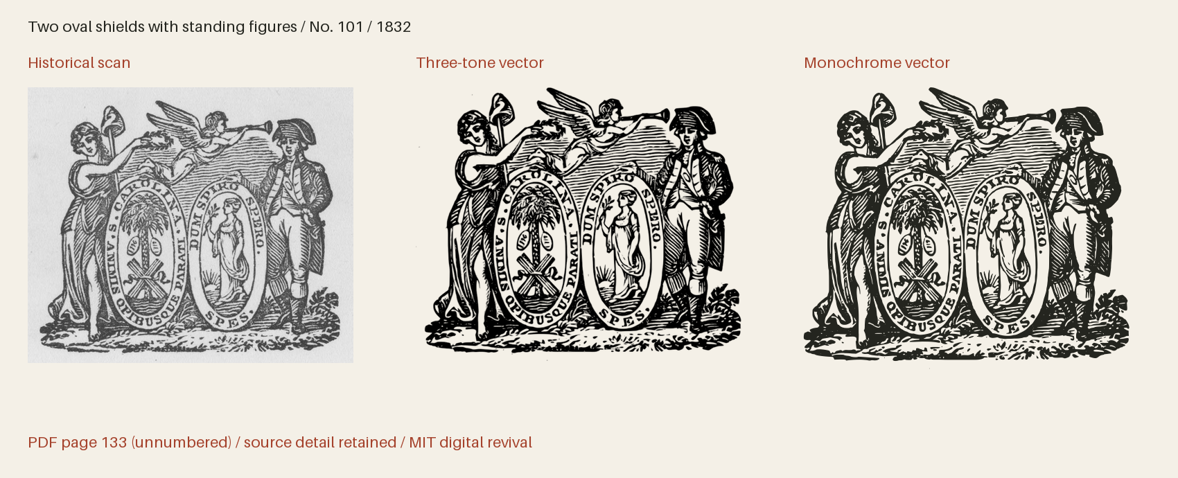 Historical scan beside the three-tone and monochrome vector revivals
