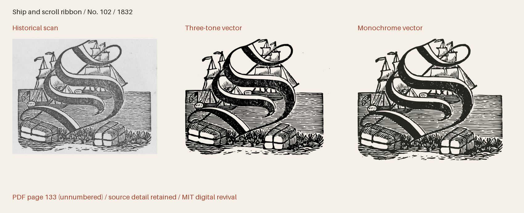 Historical scan beside the three-tone and monochrome vector revivals