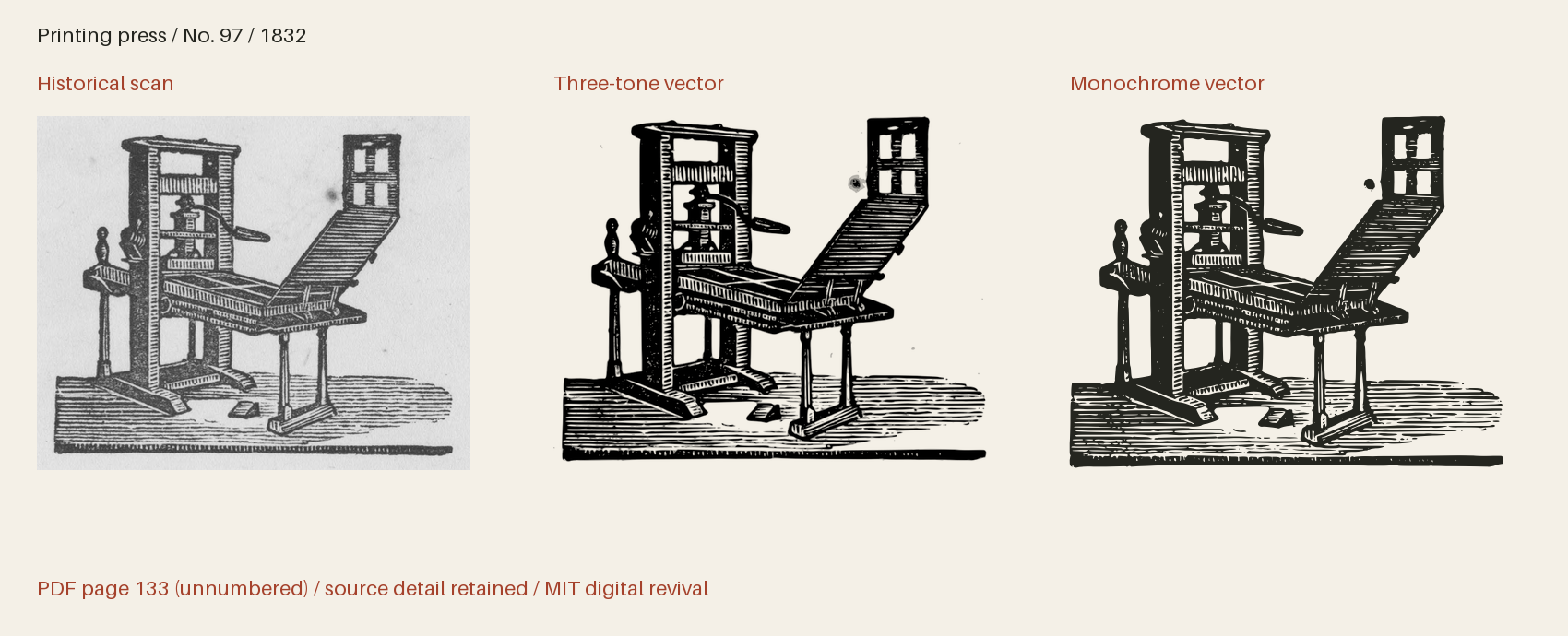 Historical scan beside the three-tone and monochrome vector revivals