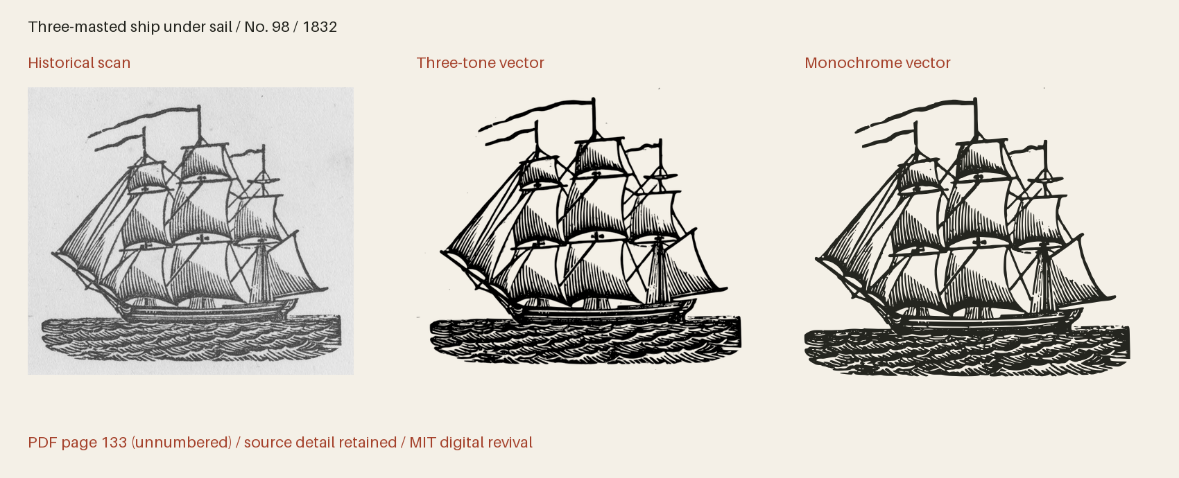 Historical scan beside the three-tone and monochrome vector revivals