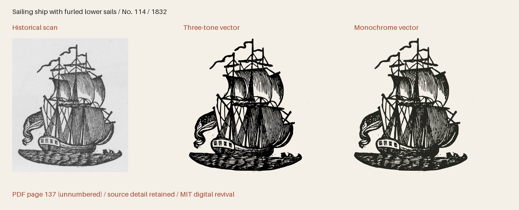 Historical scan beside the three-tone and monochrome vector revivals