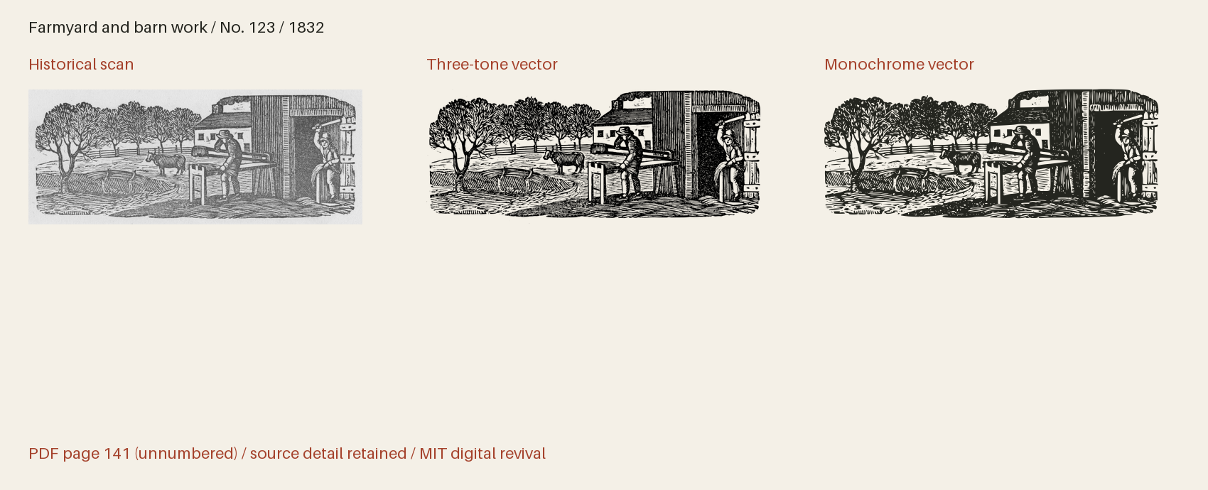 Historical scan beside the three-tone and monochrome vector revivals