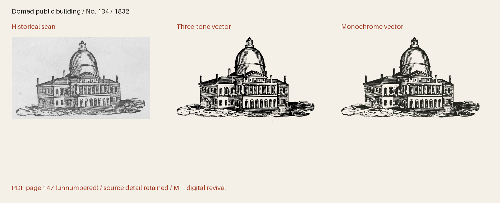 Historical scan beside the three-tone and monochrome vector revivals