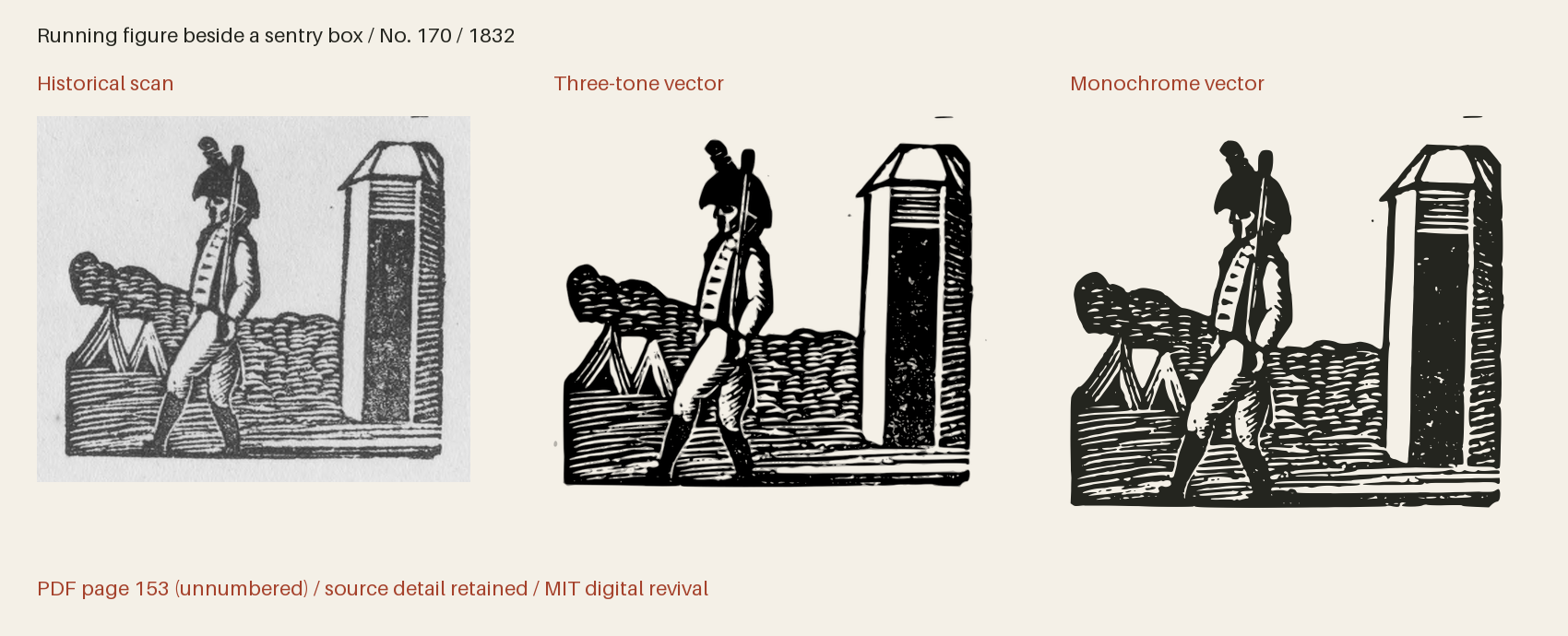 Historical scan beside the three-tone and monochrome vector revivals