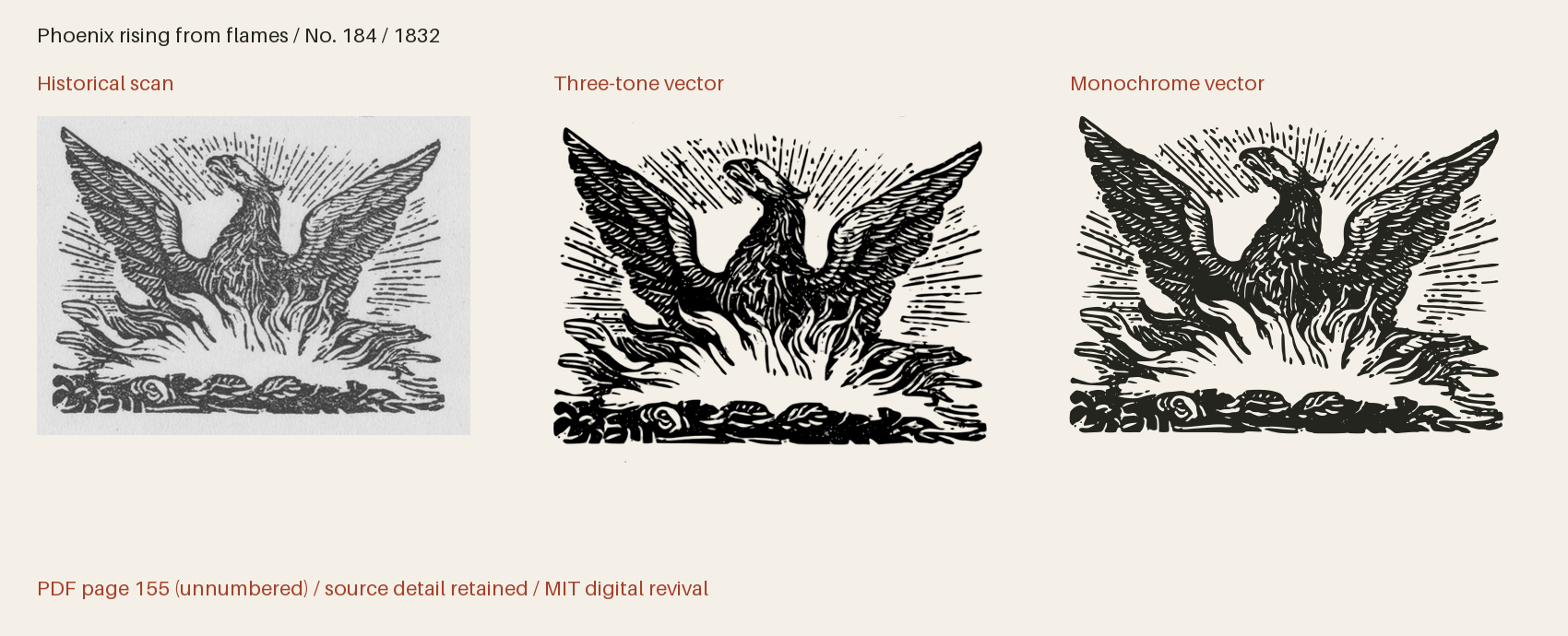 Historical scan beside the three-tone and monochrome vector revivals