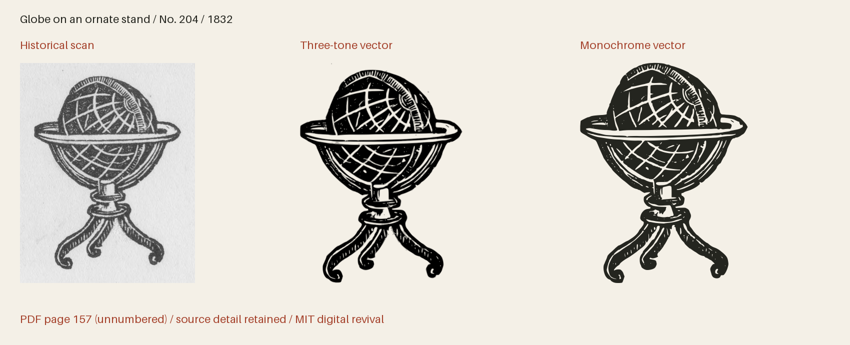 Historical scan beside the three-tone and monochrome vector revivals
