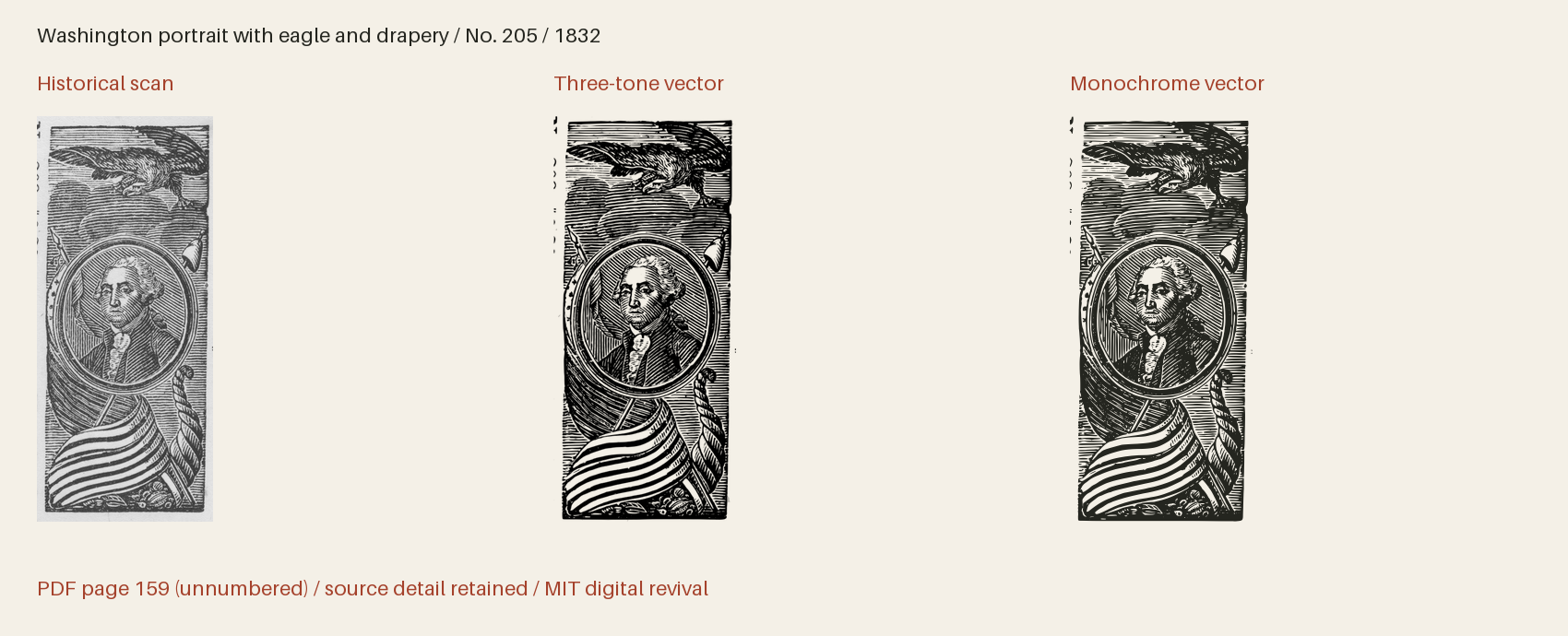 Historical scan beside the three-tone and monochrome vector revivals