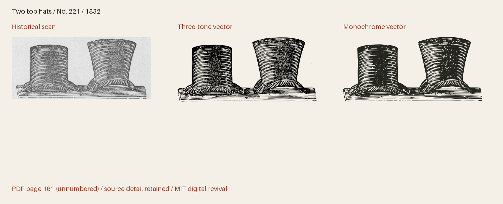 Historical scan beside the three-tone and monochrome vector revivals