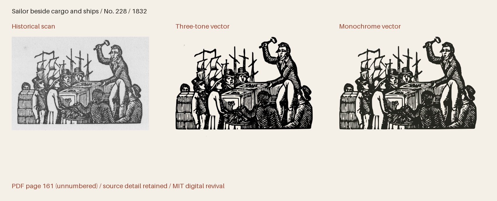 Historical scan beside the three-tone and monochrome vector revivals
