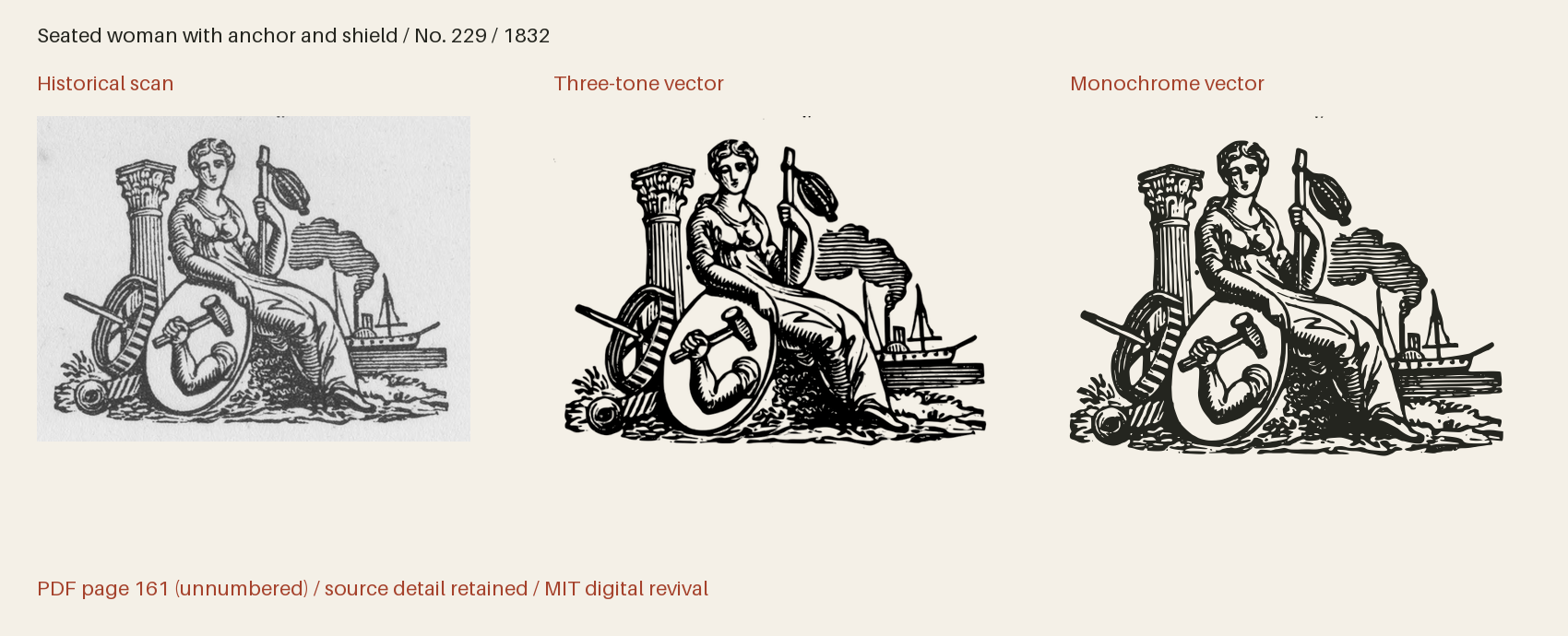 Historical scan beside the three-tone and monochrome vector revivals