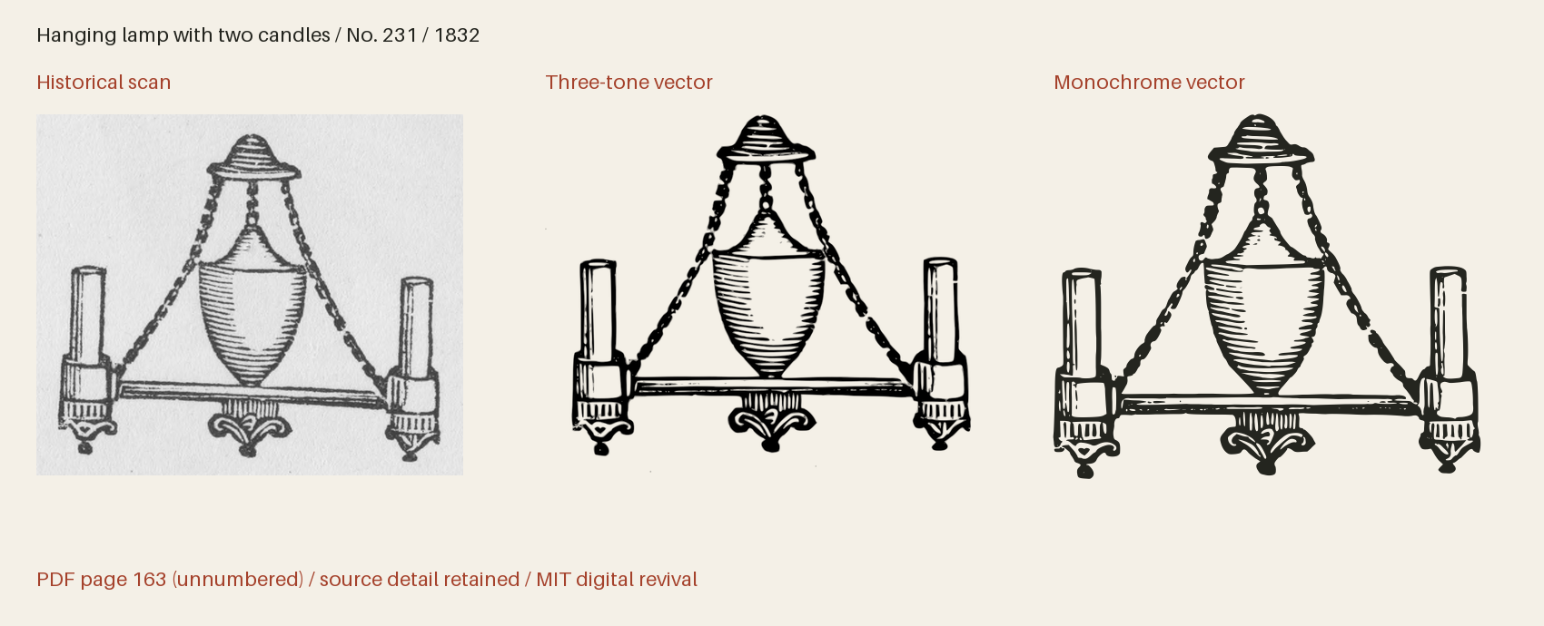 Historical scan beside the three-tone and monochrome vector revivals
