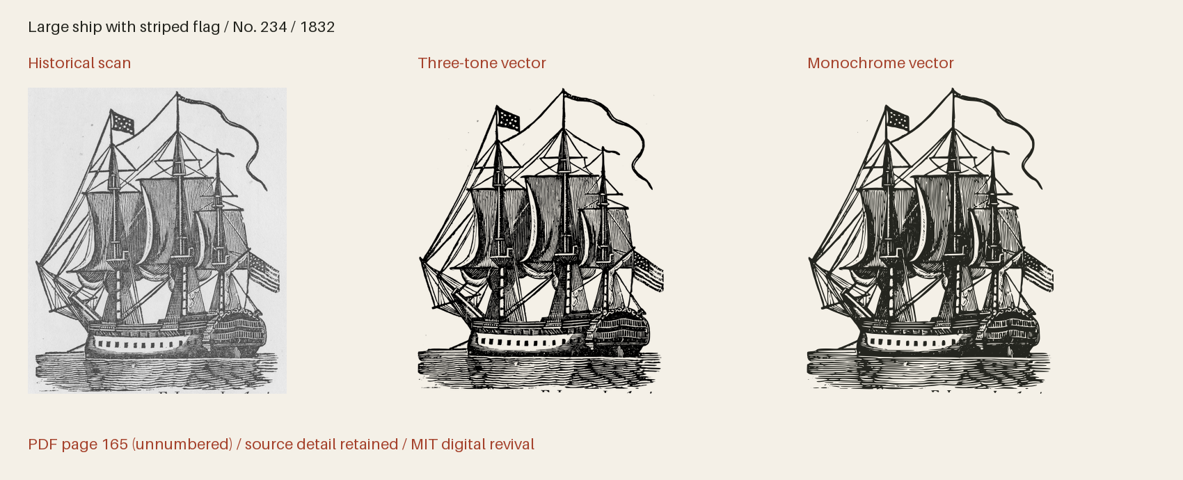 Historical scan beside the three-tone and monochrome vector revivals