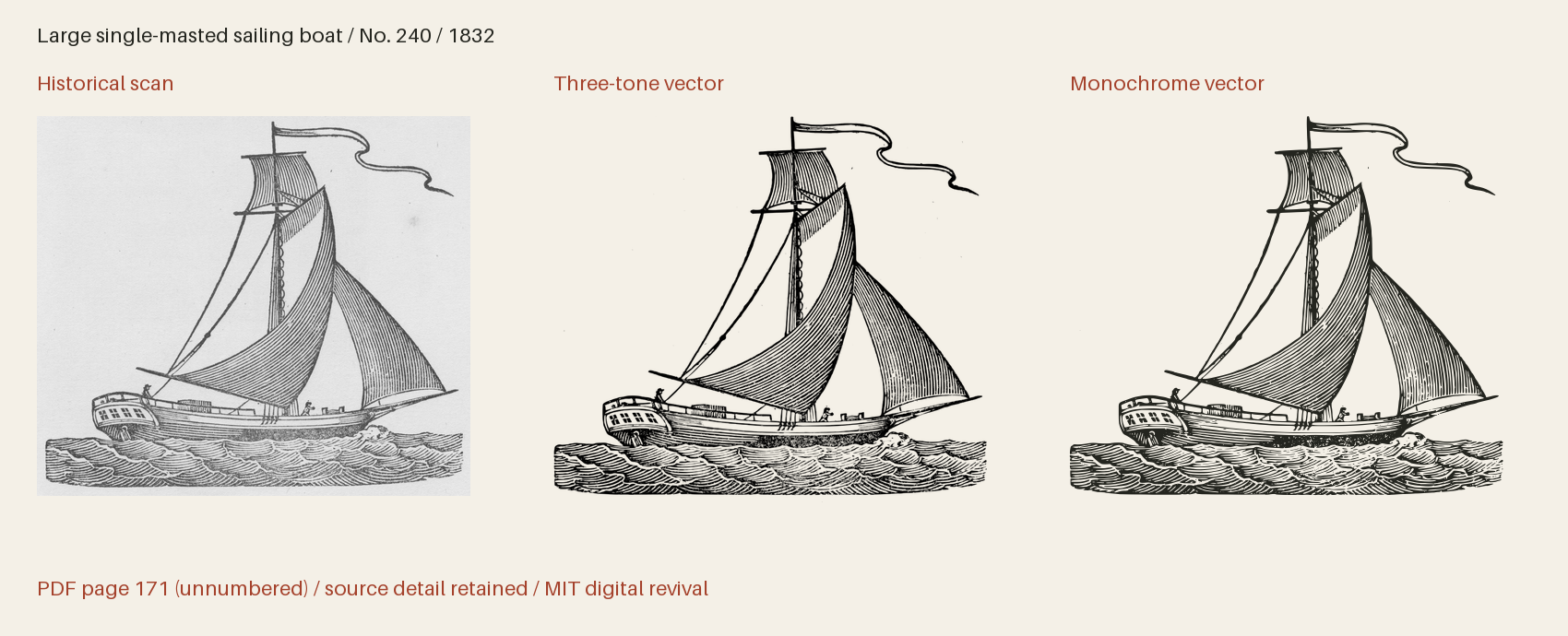 Historical scan beside the three-tone and monochrome vector revivals
