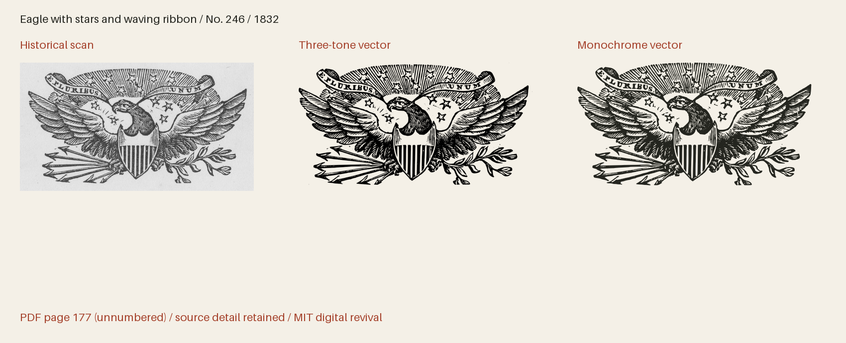 Historical scan beside the three-tone and monochrome vector revivals