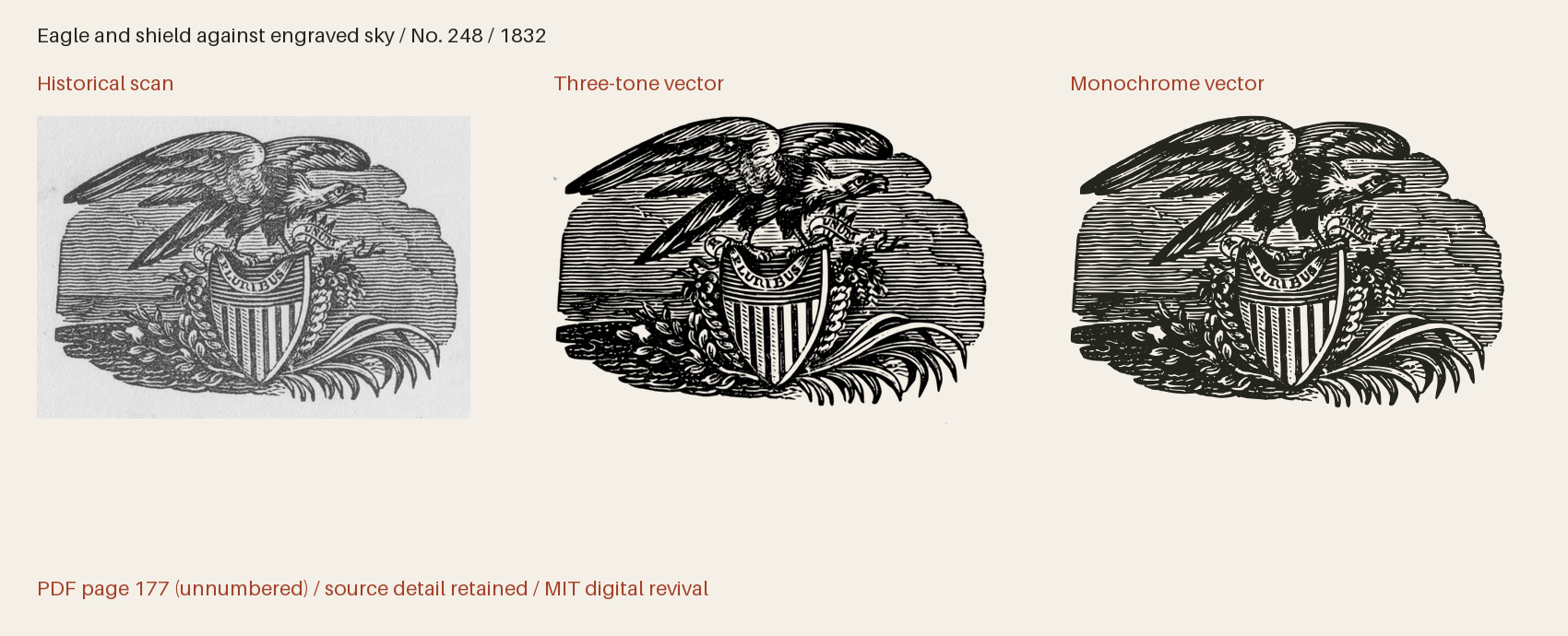 Historical scan beside the three-tone and monochrome vector revivals