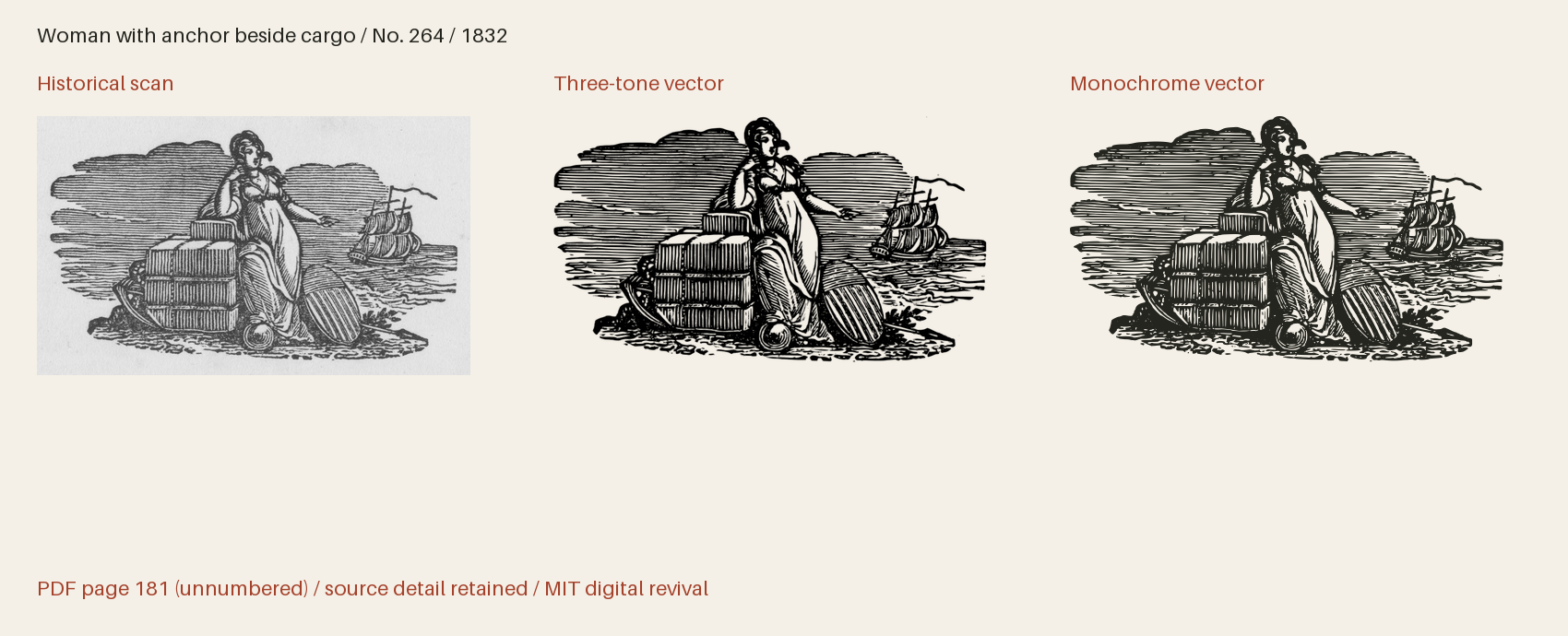 Historical scan beside the three-tone and monochrome vector revivals