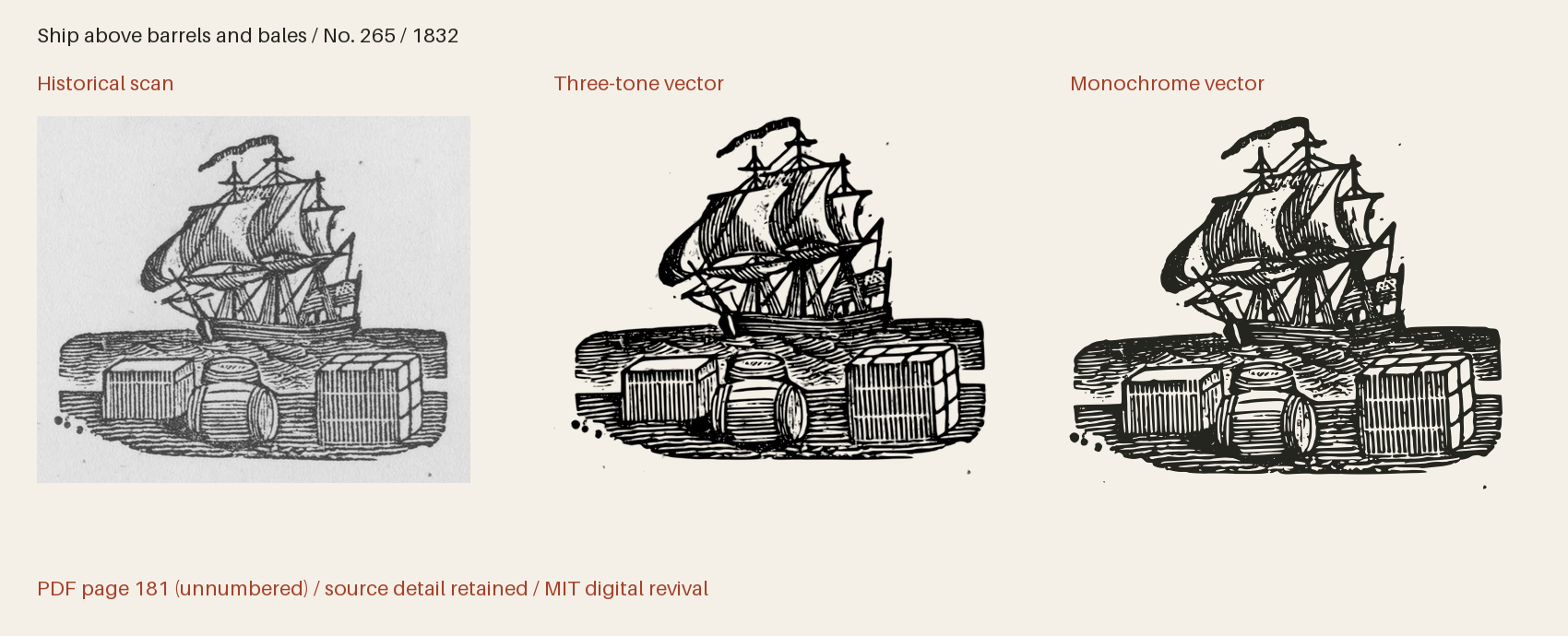 Historical scan beside the three-tone and monochrome vector revivals