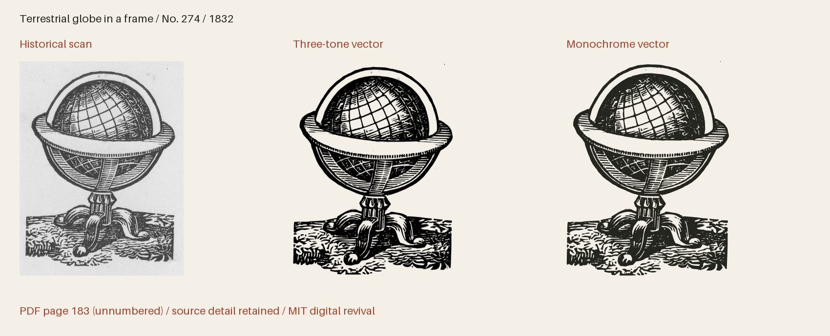 Historical scan beside the three-tone and monochrome vector revivals