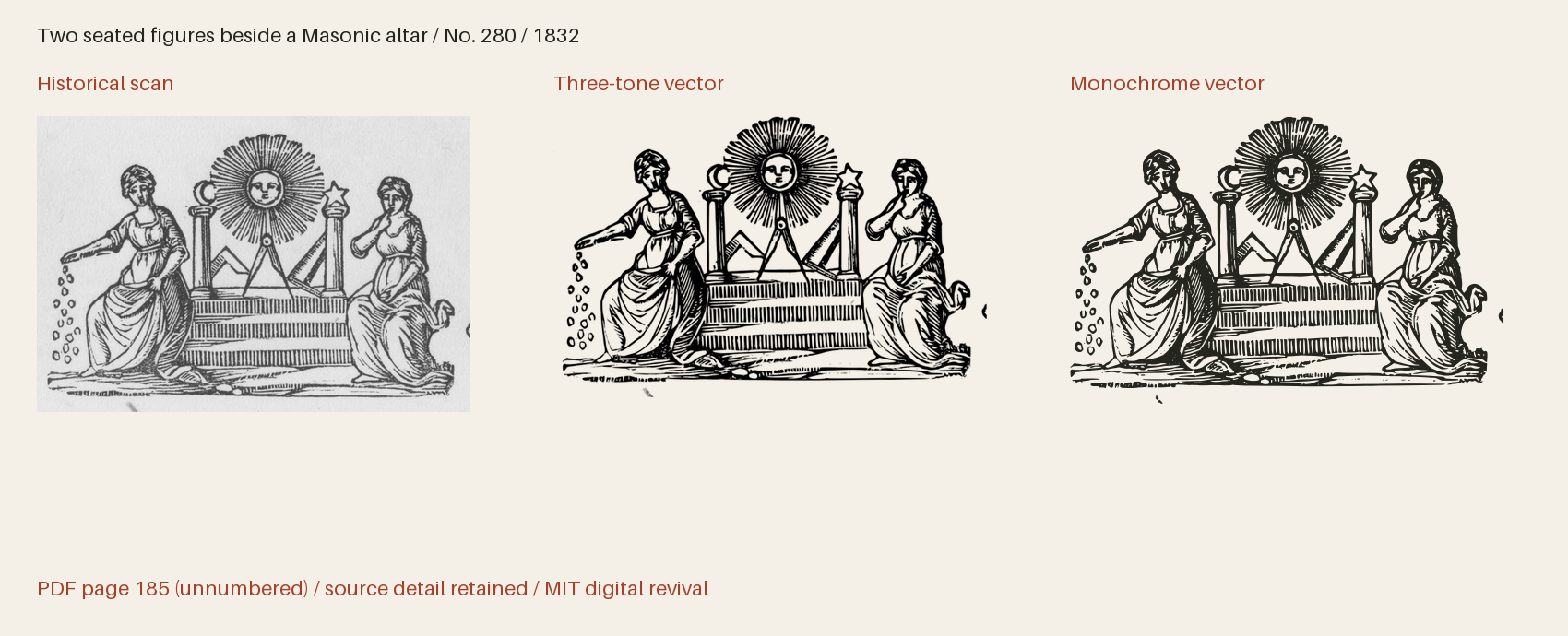 Historical scan beside the three-tone and monochrome vector revivals