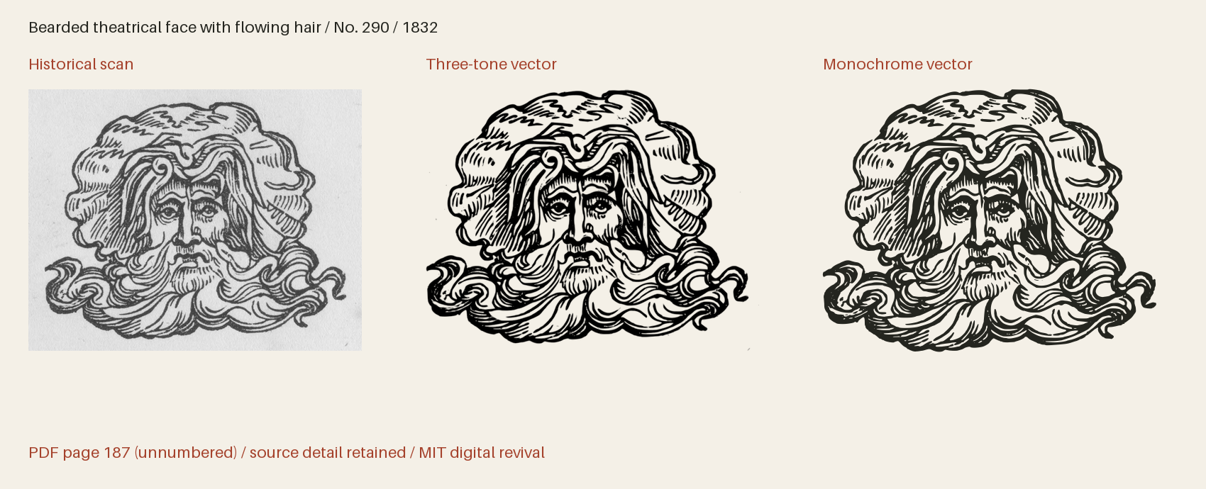Historical scan beside the three-tone and monochrome vector revivals