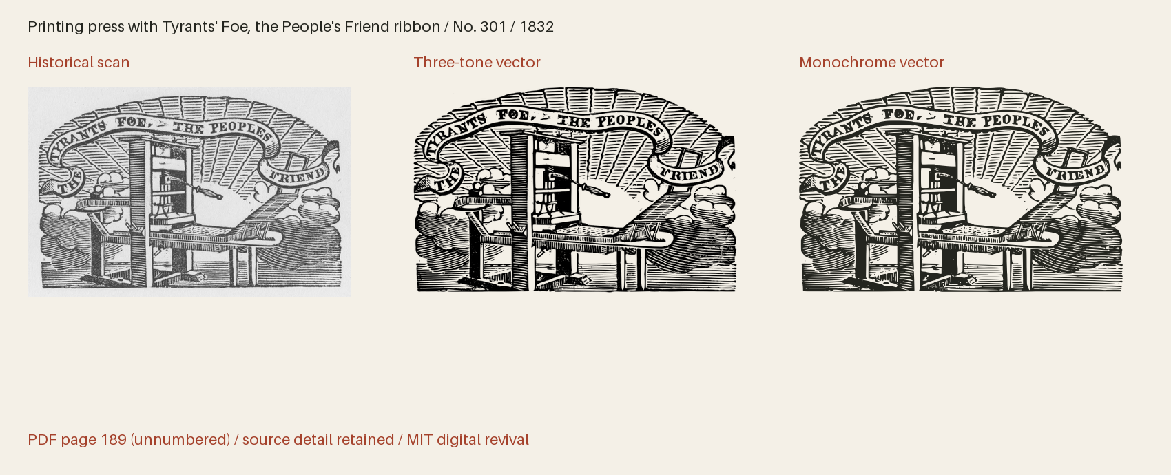Historical scan beside the three-tone and monochrome vector revivals