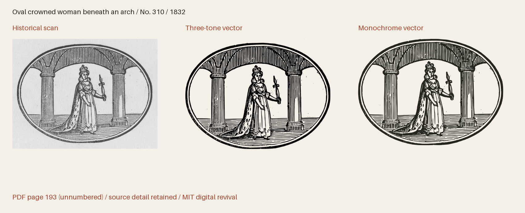 Historical scan beside the three-tone and monochrome vector revivals