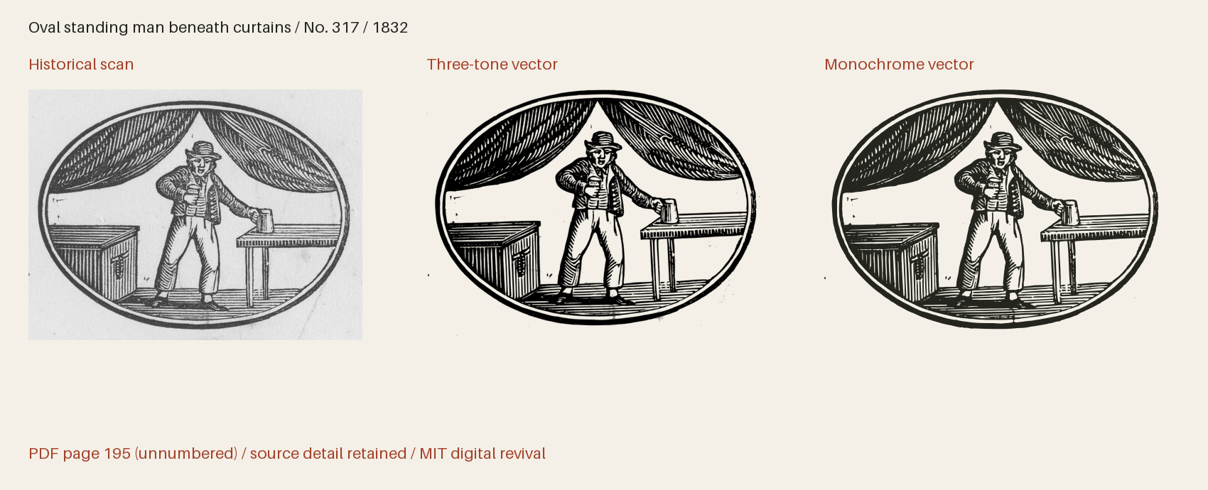 Historical scan beside the three-tone and monochrome vector revivals