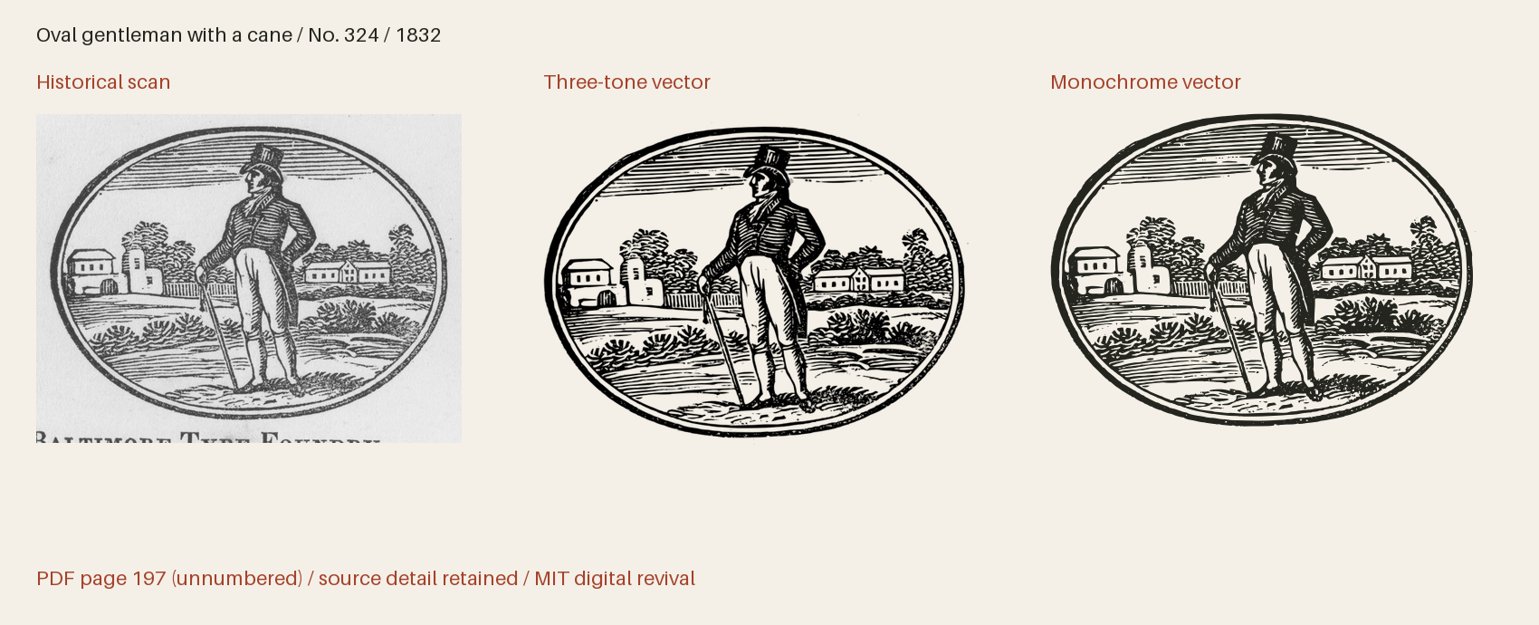 Historical scan beside the three-tone and monochrome vector revivals