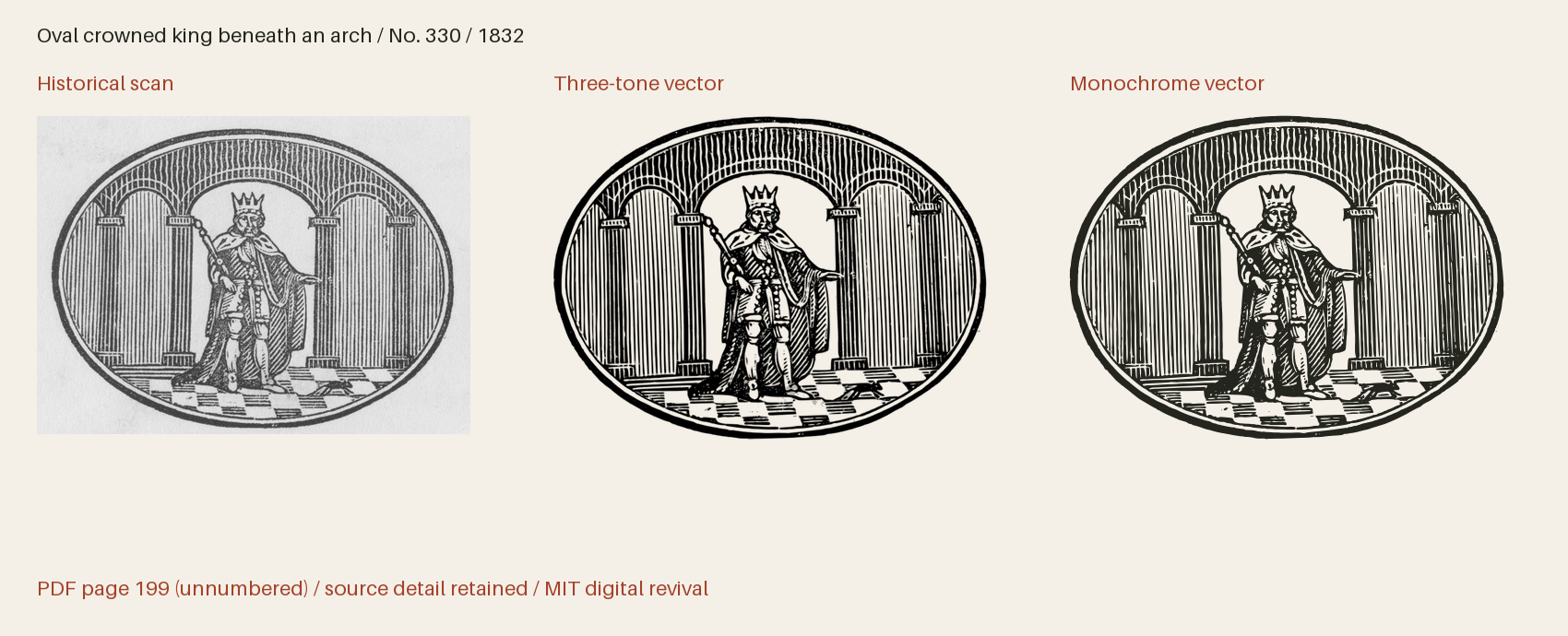 Historical scan beside the three-tone and monochrome vector revivals
