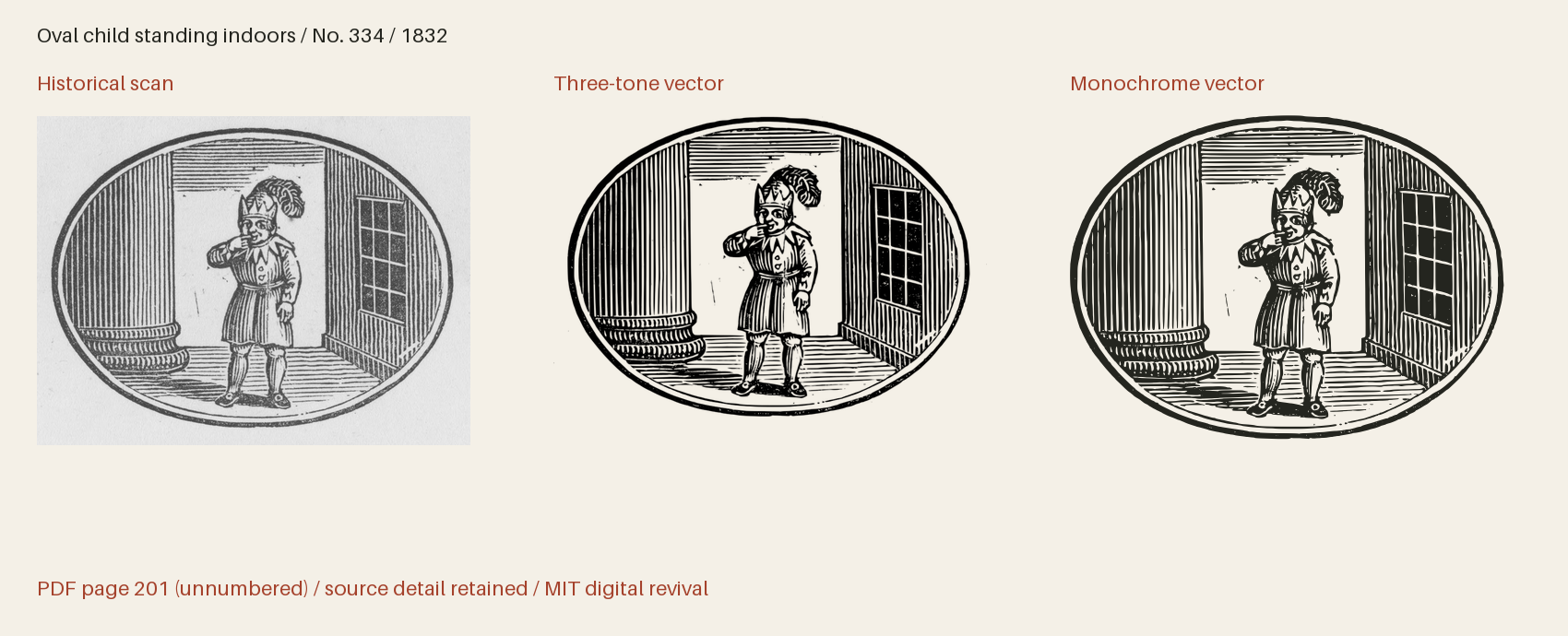 Historical scan beside the three-tone and monochrome vector revivals