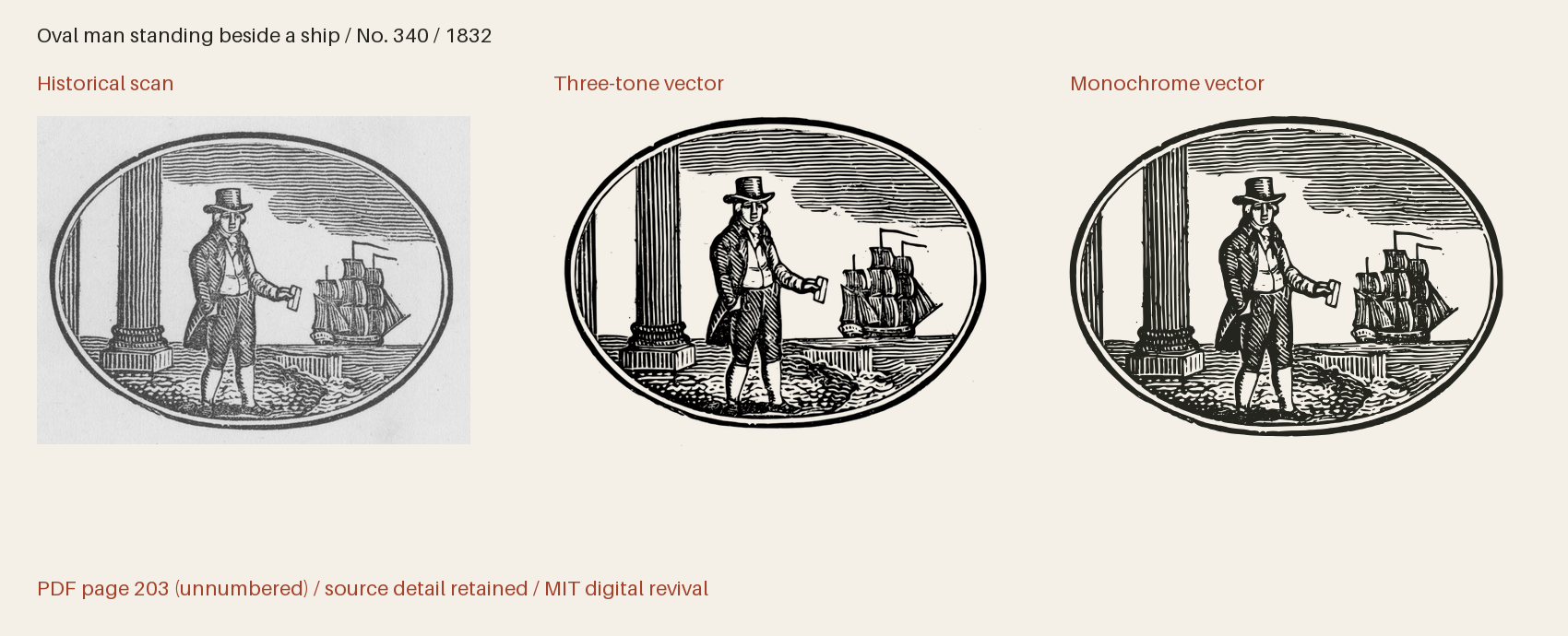 Historical scan beside the three-tone and monochrome vector revivals