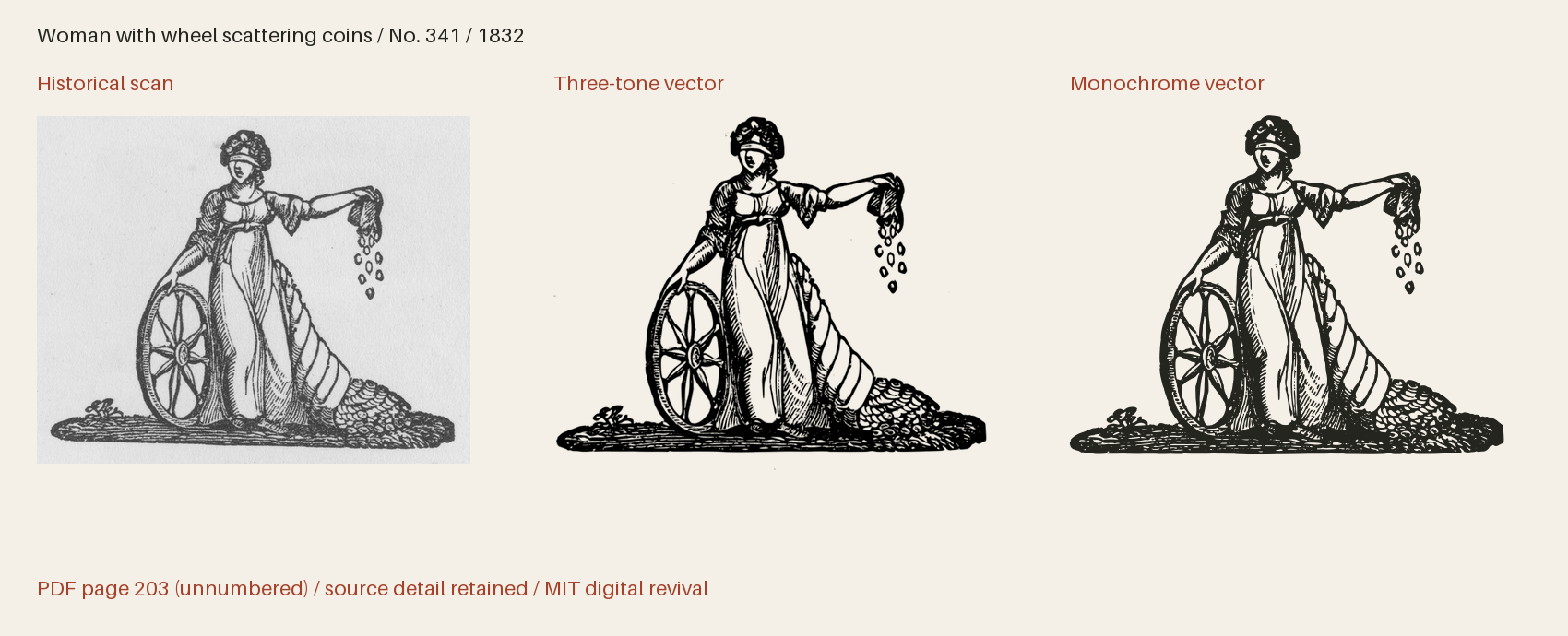 Historical scan beside the three-tone and monochrome vector revivals