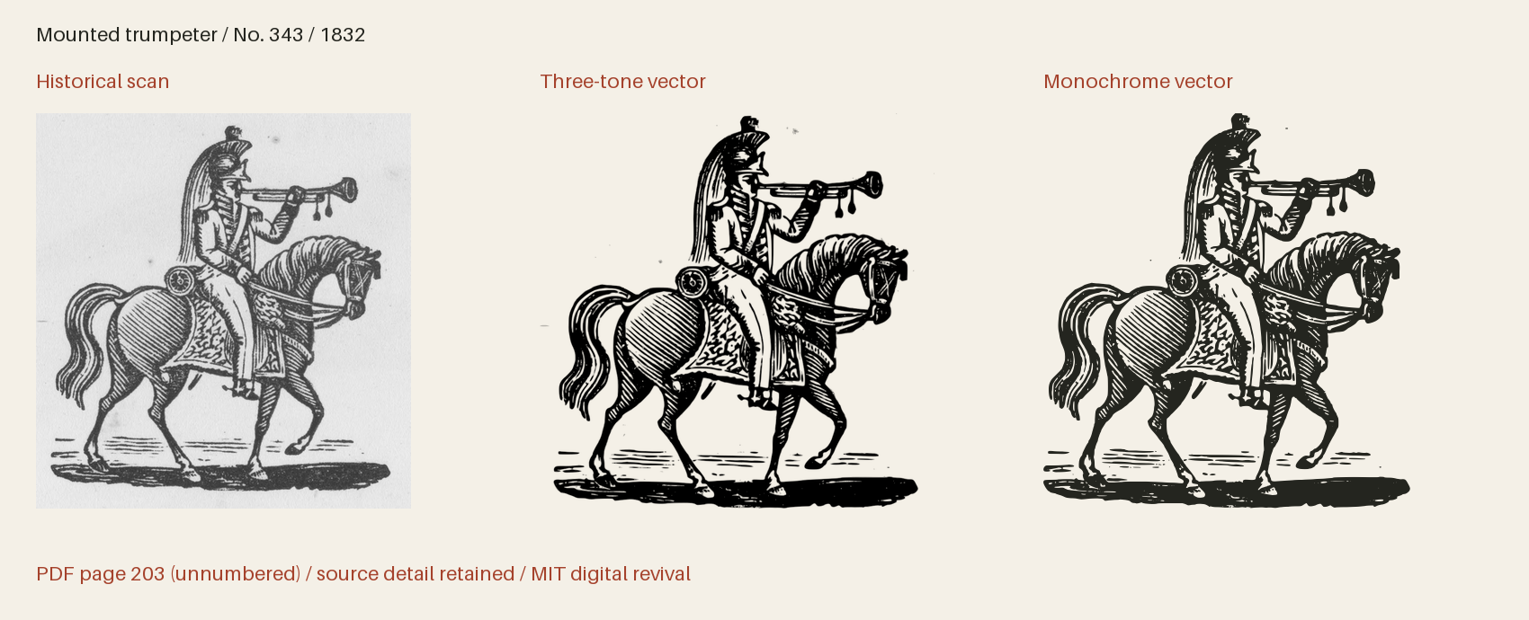Historical scan beside the three-tone and monochrome vector revivals