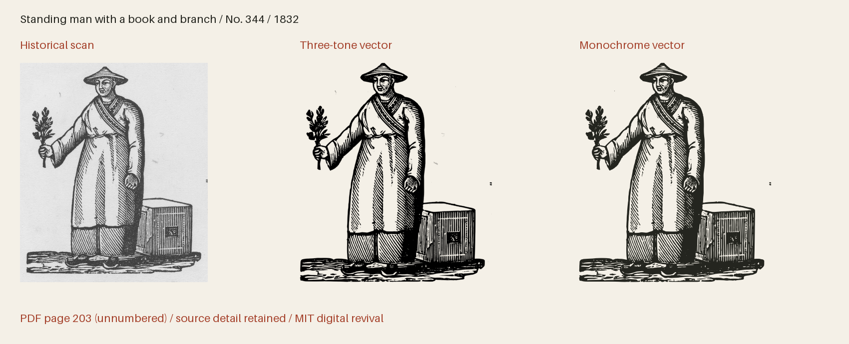 Historical scan beside the three-tone and monochrome vector revivals