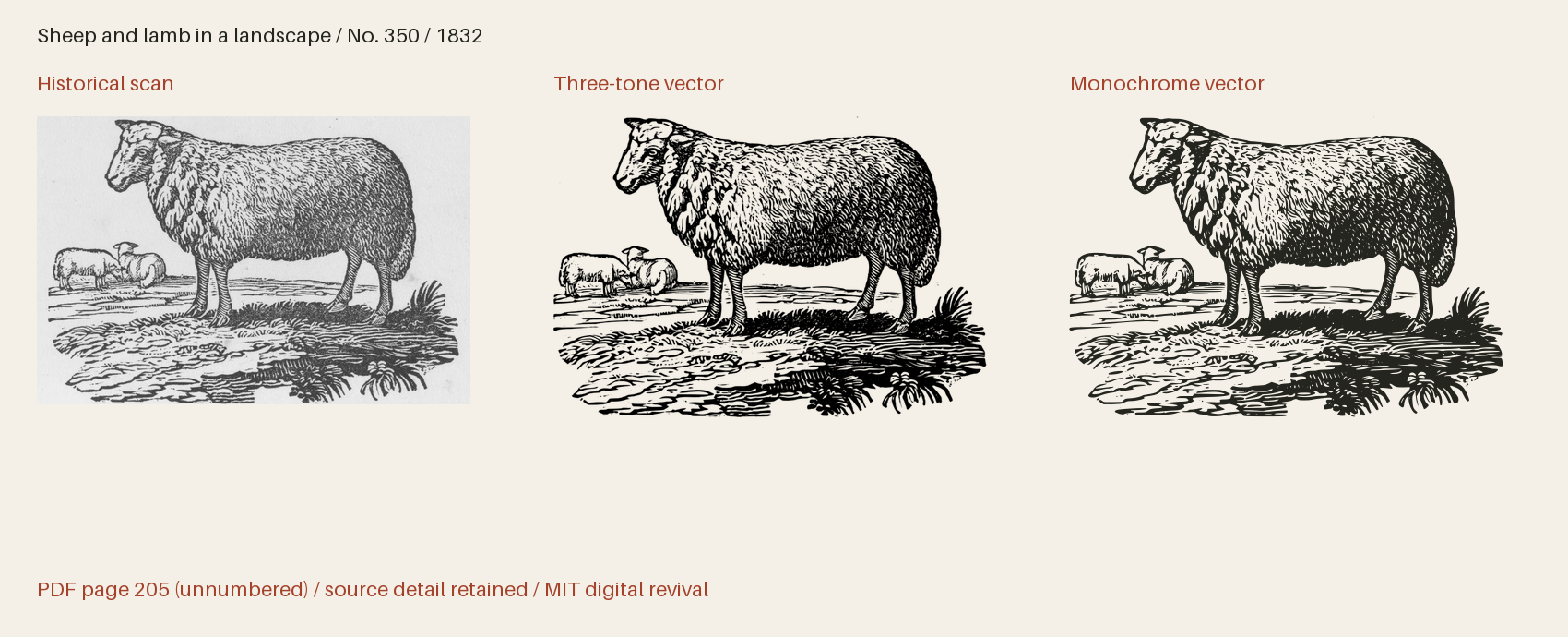 Historical scan beside the three-tone and monochrome vector revivals