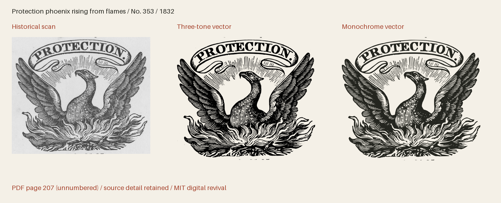 Historical scan beside the three-tone and monochrome vector revivals
