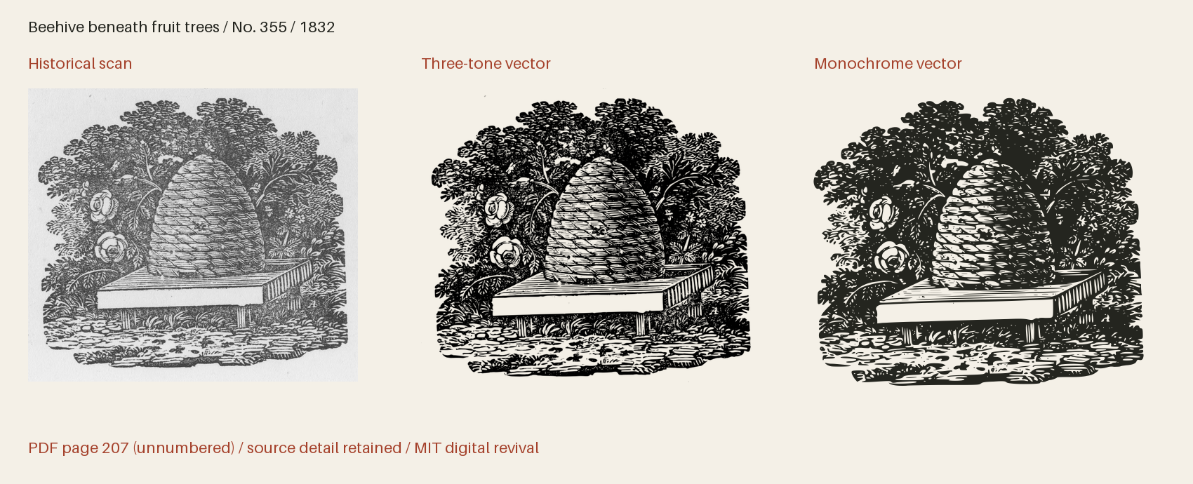Historical scan beside the three-tone and monochrome vector revivals