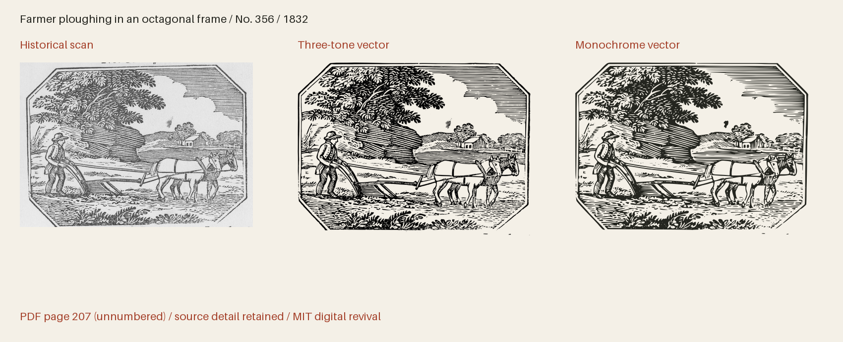 Historical scan beside the three-tone and monochrome vector revivals