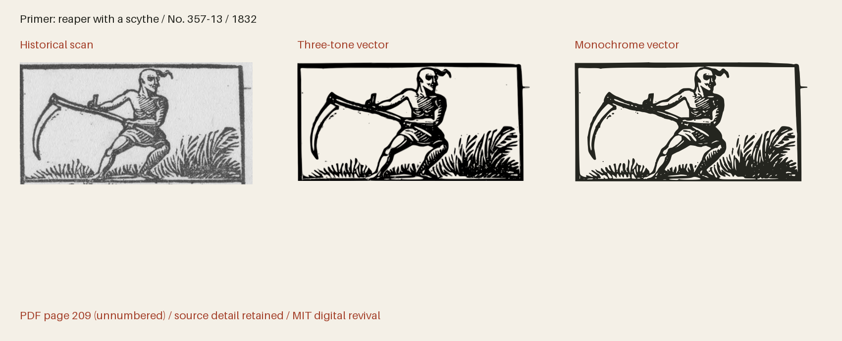 Historical scan beside the three-tone and monochrome vector revivals