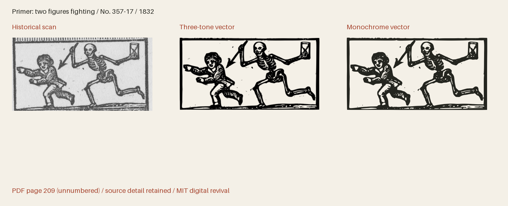 Historical scan beside the three-tone and monochrome vector revivals