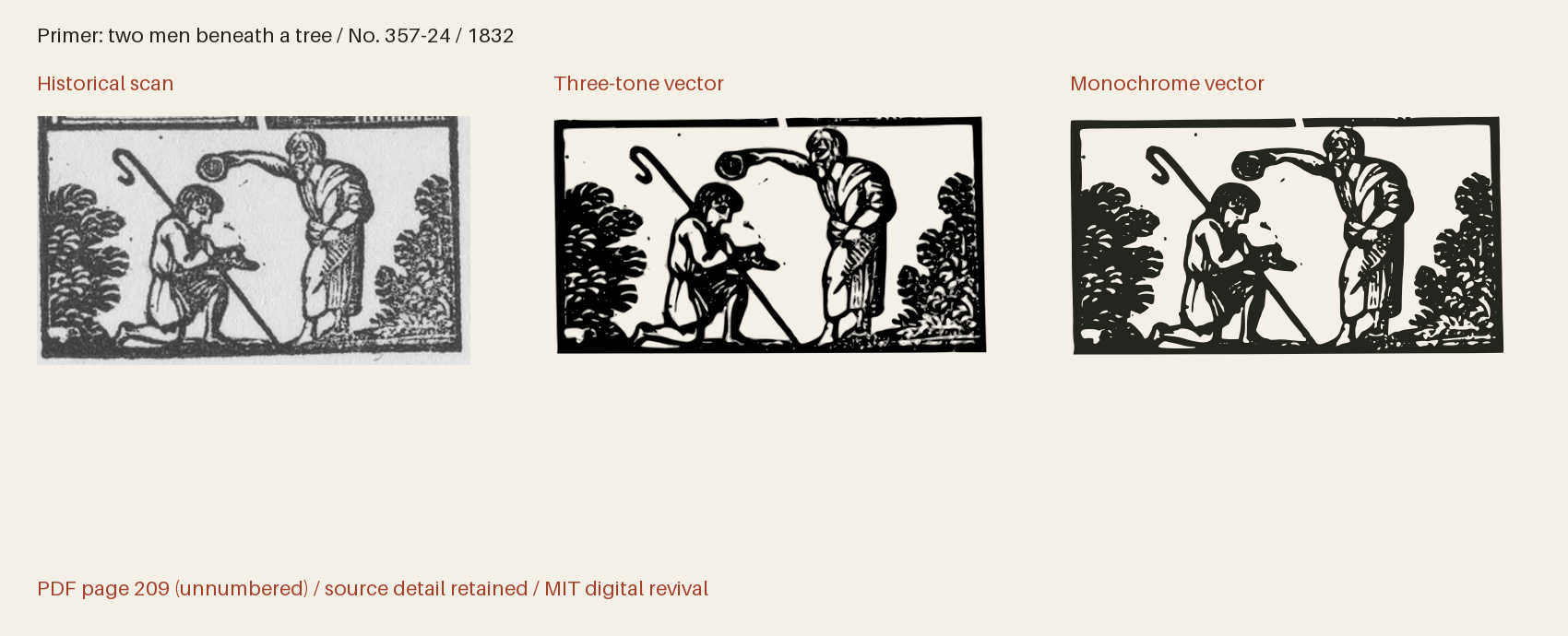Historical scan beside the three-tone and monochrome vector revivals