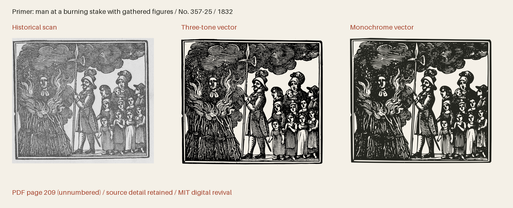 Historical scan beside the three-tone and monochrome vector revivals
