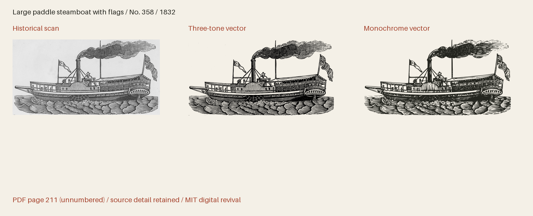 Historical scan beside the three-tone and monochrome vector revivals